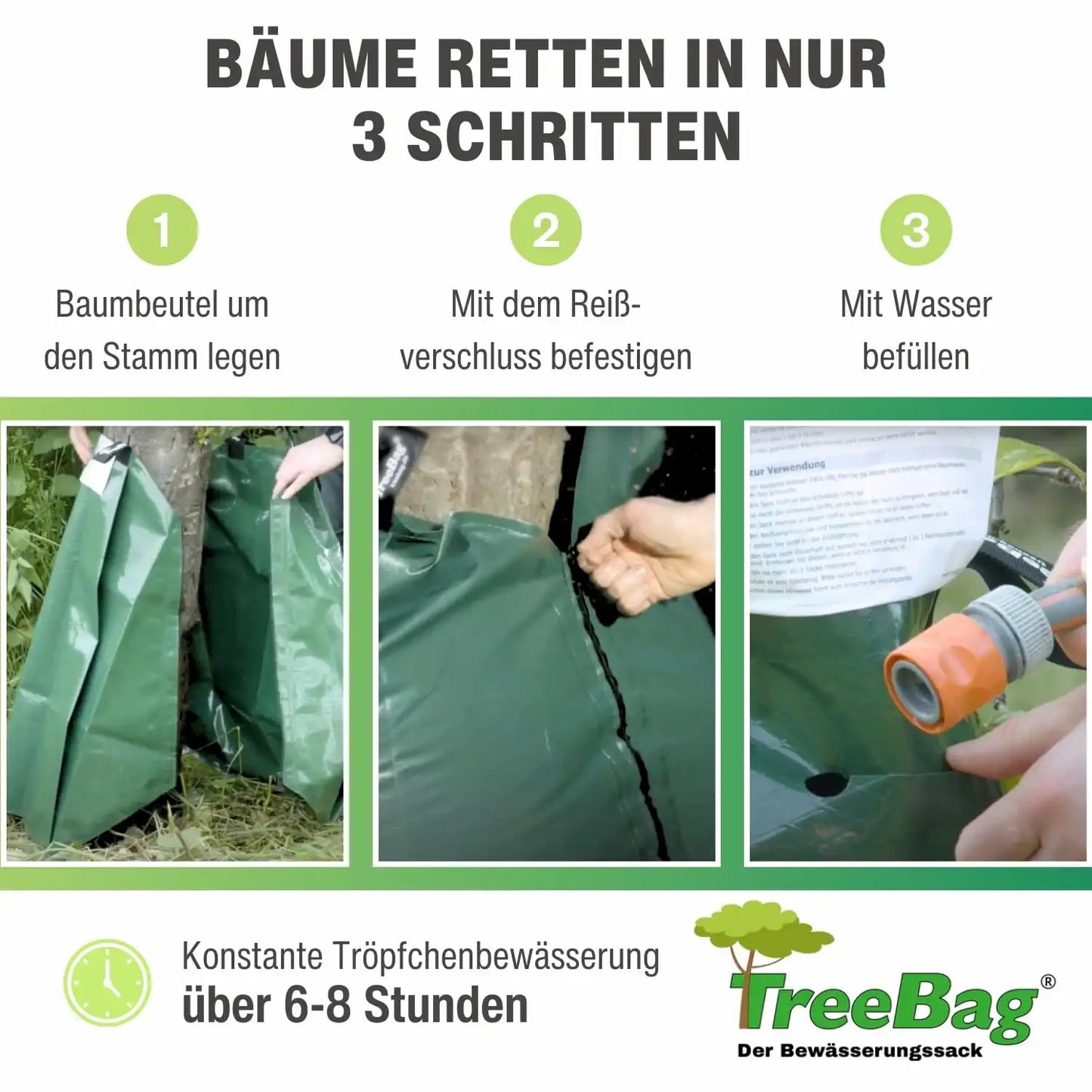 Treebag PVC XL Bewässerungssack 100L Grün zur Baumbewässerung: Bäume retten in nur 3 Schritten; Kurzanleitung
