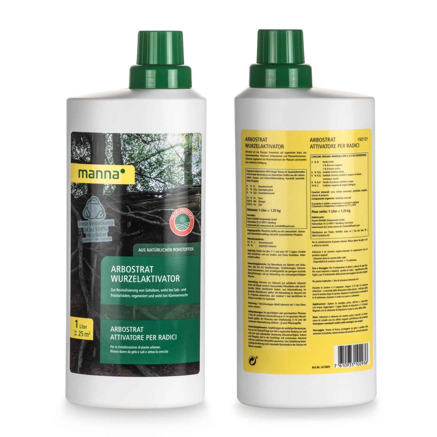 Hauert Manna Arbostrat Baumdünger / Flüssigdünger 1L 1 Stück Abbildung Front & Rückseite