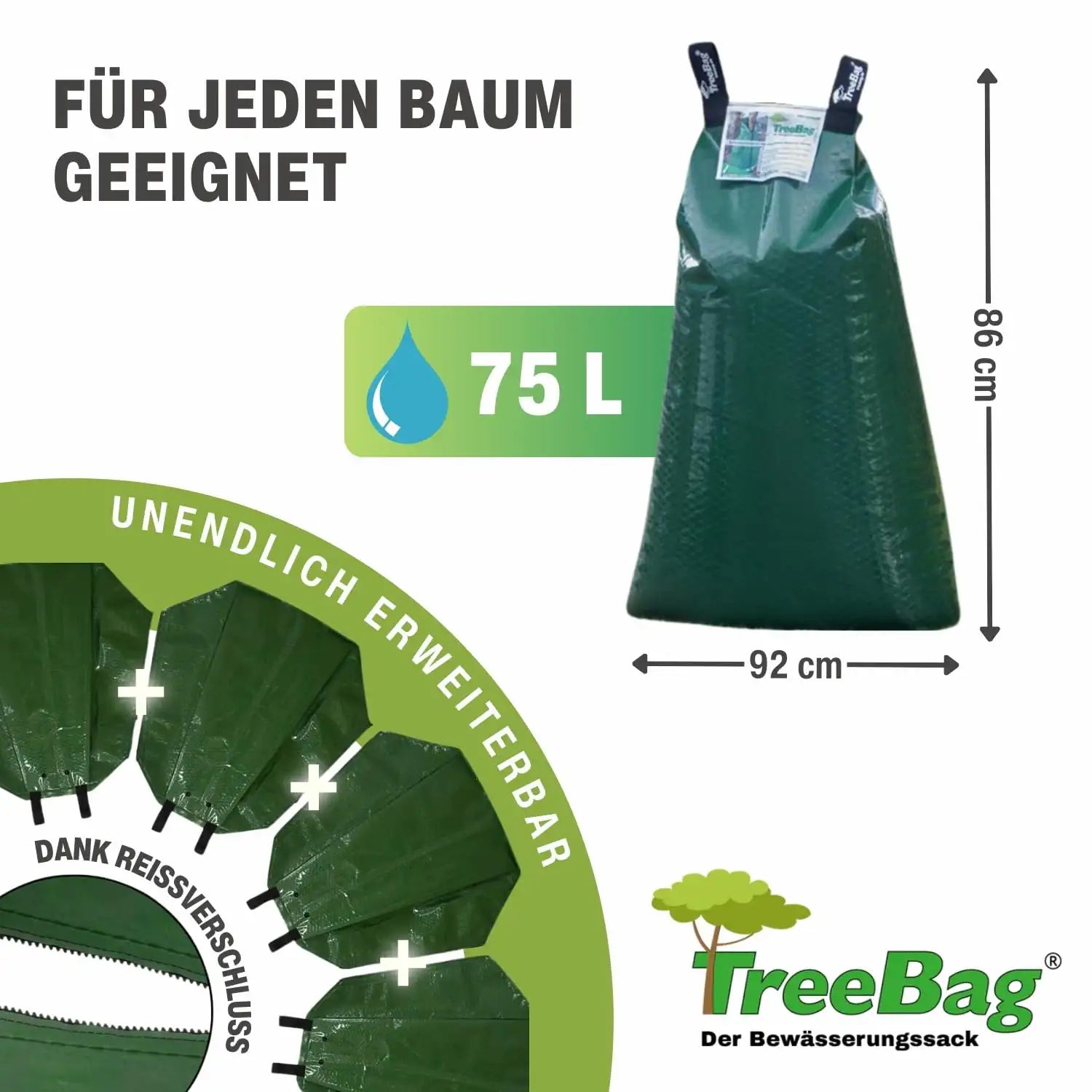 Treebag PE Bewässerungssack 75L Grün zur Baumbewässerung: Abmessung und fassungsvermögen