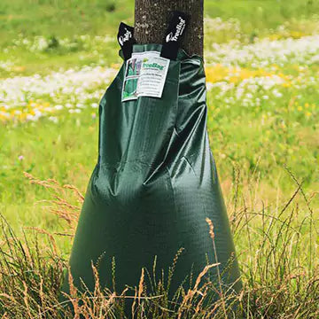 Befüllter Bewässerungssack von Treebag aus PVC an einem Baumstamm