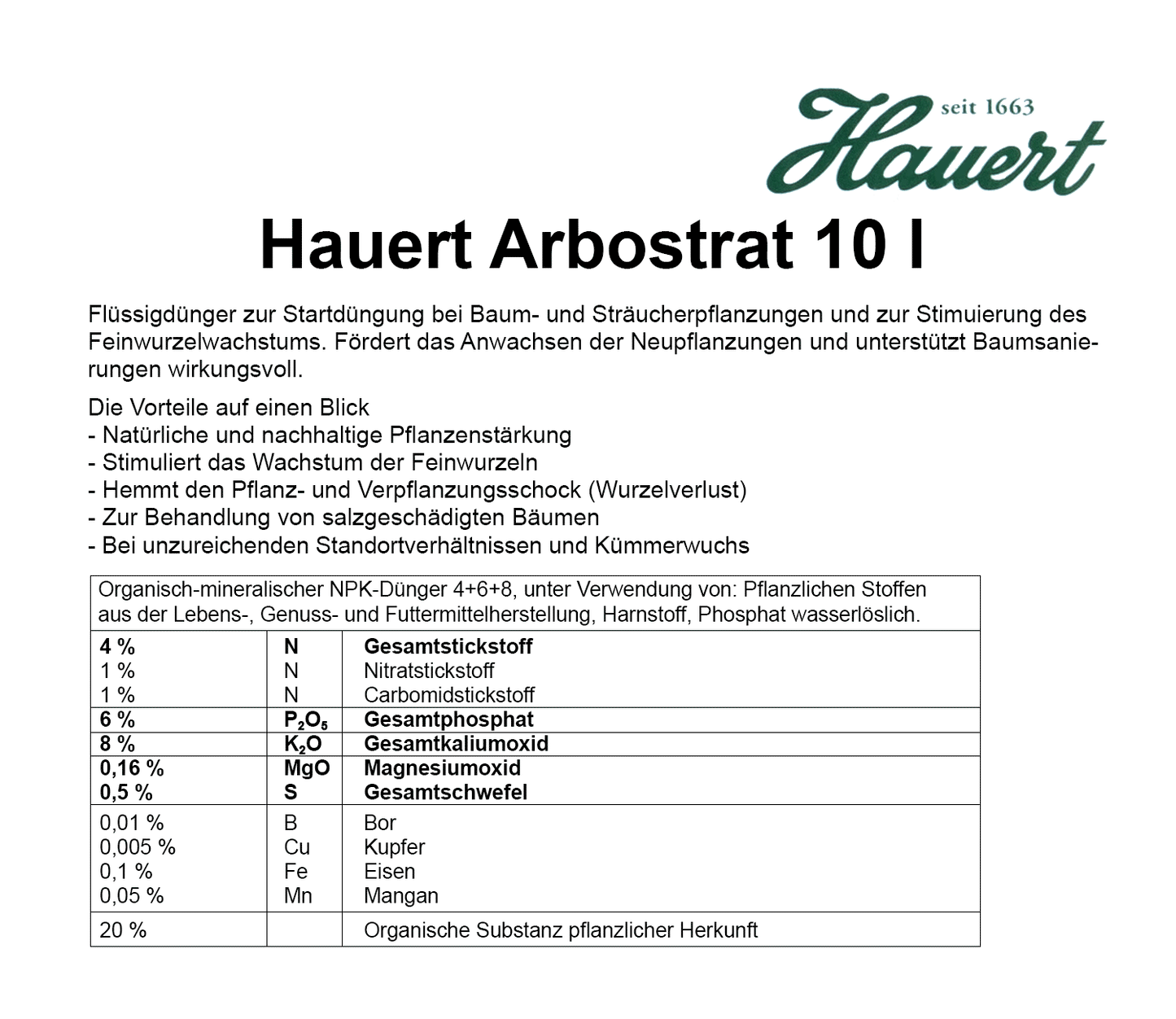 Hauert Manna Arbostrat Baumdünger / Flüssigdünger 10L Inhaltsangaben